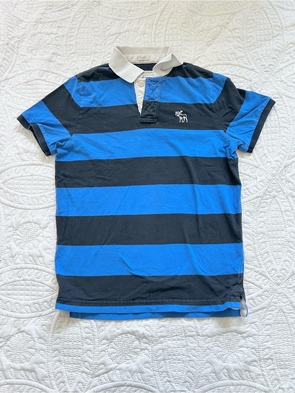 Abercrombie & Fitch Blue Striped Polo White Collar 100% Cotton Shirt